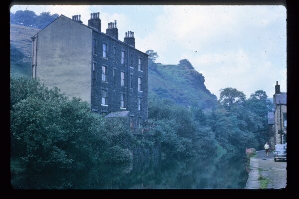 This is the Rochdale Canal, at Hebble End, Hebden Bridge. This photo was taken in the 1960s by William Edmondson and was donated by his family.